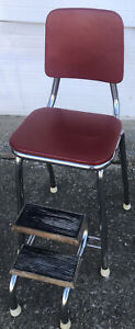 Vintage Retro Red Cosco Chrome Kitchen Step Stool Farm Chair Plant Stand Vinyl