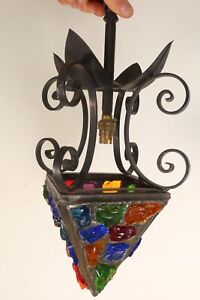 1960 S Peter Marsh Style Iron Stained Glass Ceiling Lantern Hanging Light Heavy