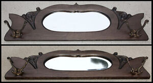 Antique Carved Scrolls Solid Wood Oval Beveled Mirror Wall Mount Coat Hat Rack