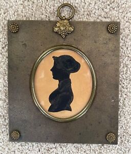 Antique Victorian Miniature Painted Silhouette Metal Frame Woman In Bonnet