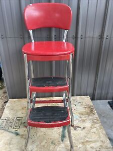 Vintage Red Cosco Chrome Kitchen Step Stool Farm Chair Plant Stand Vinyl Wow Ow