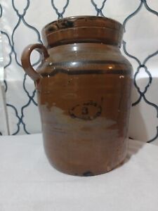 Antique Brown Glazed Stoneware Butter Churn Crock With Handle 3 1800s 13 5in