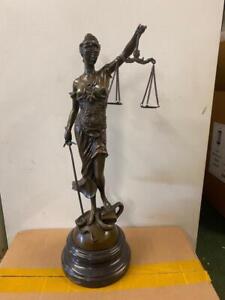 Bronze Statue Lady Justice Scales Of Justice H 46cm Marble Base Signed