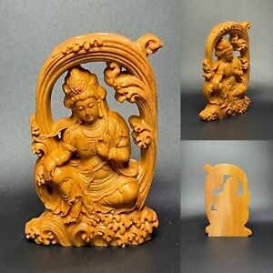 Chinese Natural Wood Carving Boxwood Guan Yin Kwan Yin Goddess Buddha Statue