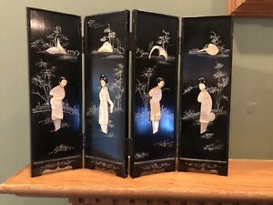 Vintage Four Panel Asian Black Lacquer Wood Screen Mother Of Pearl Geisha S 