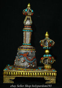 16 8 Old Tibet Copper Filigree Inlay Gems Dragon Dorje Vajra Bell Holder Set