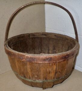 Antique Half Bushel Apple Basket Original Surface Bent Wood Handle East Coast
