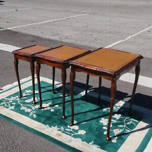 Vintage English Victorian Style Nesting Tables With Brown Leather Top