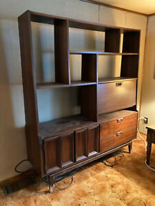 Vintage Mid Century Walnut Cabinet Bookcase Wall Unit Drop Desk Drawer Shelf 60s