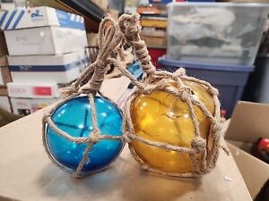 Lot Of 2 Japanese Hand Blown Glass Fishing Net Float Ball Buoy H1067 
