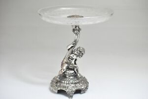 Antique 1800 S Austrian 835 Silver Table Centerpiece Figural Cherub Glass Top