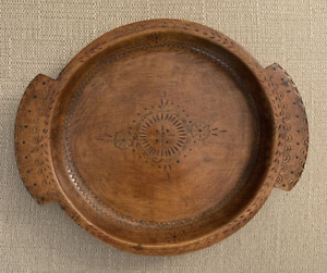 Wood Bowl Plate W Decorative Carving Antique Primitive