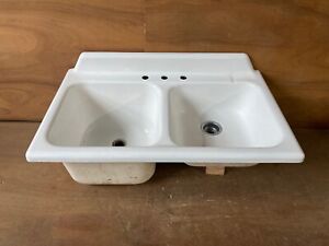 Vtg Cast Iron White Porcelain Deep Shallow Double Basin Farm Sink Kohler 320 22e
