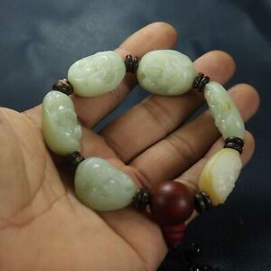 Chinese Hetian Jade 6 Original Shape Beads Carving Wealth God Elastic Bracelets