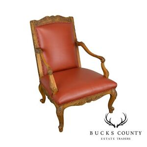Baker Vintage French Louis Xv Style Large Leather Fauteuil Arm Chair