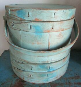 10 Old Firkin Sugar Bucket Wooden Blue Paint Pantry Box Spice Box Primitive