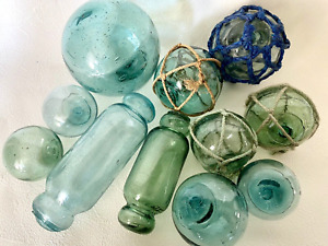 11 Antique Japanese Glass Fishing Floats Vibrant Colors Rare Marks