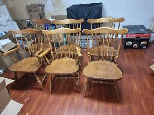 Set 6 Vintage Solid Maple Fiddleback Windsor Arm Side Chairs Nutmeg