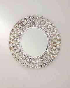Designer Large Round Ruffled Frame Wall Mirror Shiny Silver Finish 45 Diameter