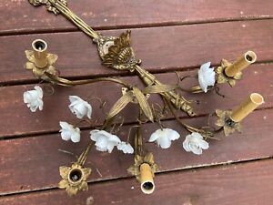 Antique Brass Wall Chandelier Sconce Hanging 5 Arms Porcelain Roses Parts As Is