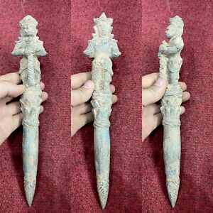 Unique Ancient Luristan Bronze Dagger With Rare Patina And Warrior Terminal