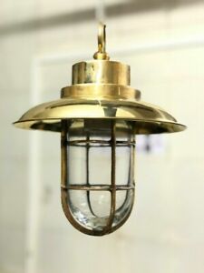 Nautical Antique Marine Ship Brass Long Vintage Hanging Light With Shade Hook
