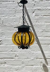 Antique Hand Blown Venetian Glass Black Wrought Iron Light Lantern Gothic
