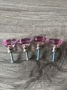 4 Vintage Pink Crystal Glass Rose Dresser Drawer Cabinet Pulls Knobs 1 Dia