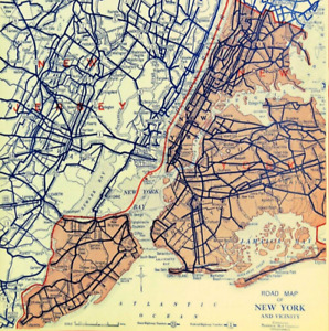 Vintage New York City Map Street Highway Greater Nyc Road Old Original 1920s