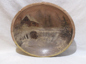 Antique Hand Painted On A Wood Bowl House Water Wheel And Waterfall C 1900
