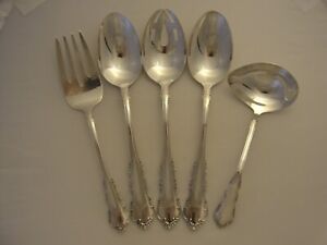 5 Pc Dresden Rose Silver Plate Hostess Set Serving Spoons Ladle Fork Lot 161