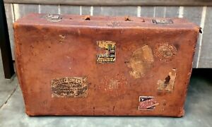 Antique Brown Leather Suitcase Luggage Steamer Trunk Sticker Travel Train Case