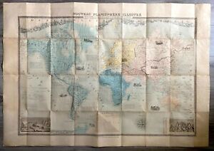 1862 Wall Map World F Delamare Original Illustrated Pictorial Vignettes
