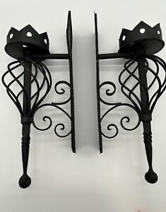 Vintage Set Of Two Gothic Wrought Iron Wall Sconces Forged In Mexico Preowned