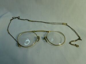 Antique 1 10 12k Gold Filled Spg Pince Nez Folding Eyeglasses W Gold Tone Chain