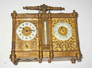 C1865 French Acc Marked Desk Barometer Thermometer Compass Carriage Clock
