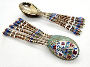 Set Of 12 Antique Russian 84 Silver Enamel Spoons 168 Grams