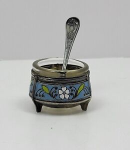 Vintage Russian Silver And Enamel Cloisonn Salt Cellar With Spoon