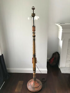 Antique 1920 S Wood Hand Painted Asian Chinoiserie Floor Lamp Long Tassel Cords