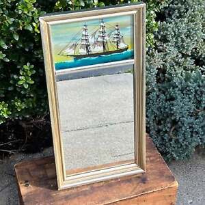 Vintage Reverse Painted Schooner Nautical Trumeau Mirror