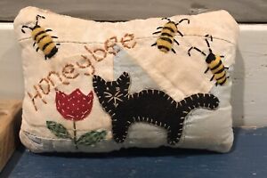 Primitive Honeybee Black Cat Flower Bees Pillow Made From Vintage Quilt