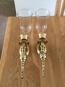 Pair Of Vintage Cast Brass Candle Wall Sconces 