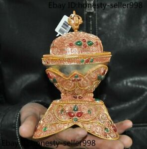 6 4 Old Tibetan Buddhism Temple Silver Filigree Gilt Gem Kapala Bowl Cup Statue
