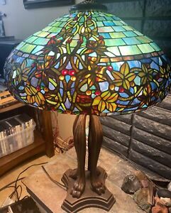 Antique Tiffany Lilly Flower Lamp Reproduction Tiger Paw Bronze Base