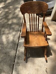 Antique Childs Rocking Chair With Caned Seat And Back Solid Wood Rattan Nursery