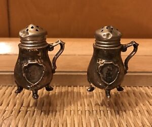 Small Salt Pepper Shakers Tiny Mini Feet Handles Sterling Silver Antique 2 