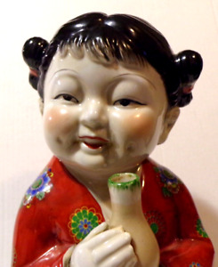 Chinese Porcelain Lucky Girl Statue Holding Bud Vase Figure Piano Baby Vintage