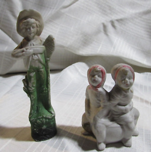 2 Antique Victorian Bisque Figurines Potty Baby Chamber Pot Tennis Player