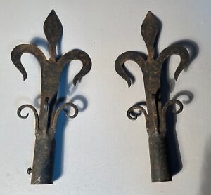 Pair French Antique Post Spikes Forged Iron C1800s Fleur De Lis Fence Finials