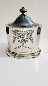 Vintage Art Deco Silverplate Ornate Engraved Tea Caddy With Lid Finial Knob